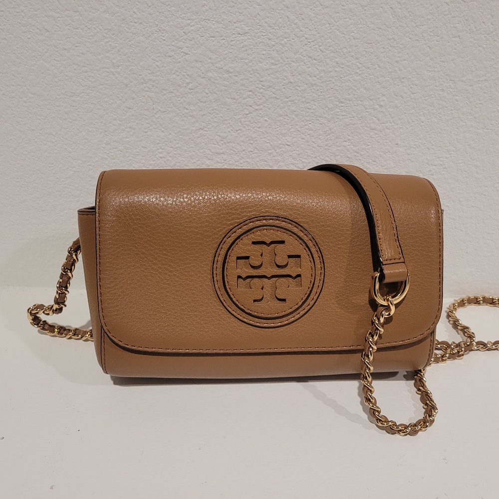 Tory Burch Camel Leather Crossbody with Gold Chain